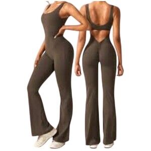 Evellyhootd Ariana One Piece Scrunch Butt Jumpsuit Medium Mocha Brown Flare Leg